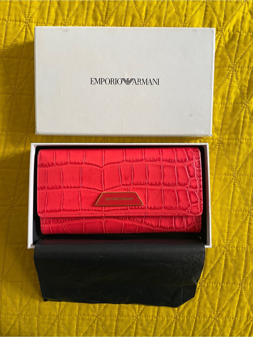 Emporio Armani Red Croc-Effect Leather Wallet with Gold Plaque